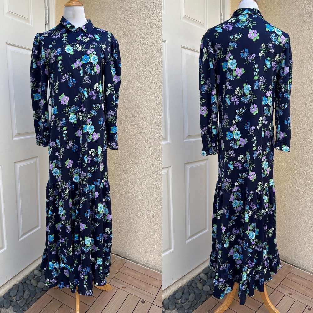 Romantic 1970's Mindy Malone blue pink floral tie back long sleeve maxi dress